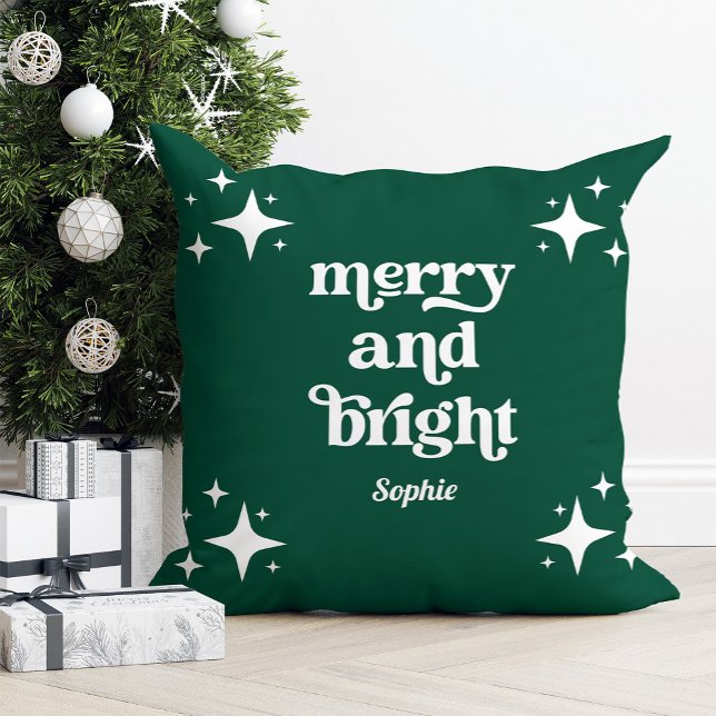 Green and Retro Stars | Merry and Bright Christmas Throw Pillow (Creator Uploaded)