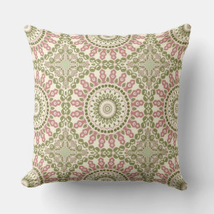 Green and Rose Mandala Vintage Bohemian Pattern Throw Pillow
