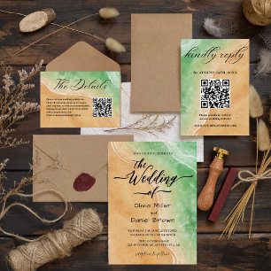 Green and Sand Watercolor Shore Beach Wedding Invitation