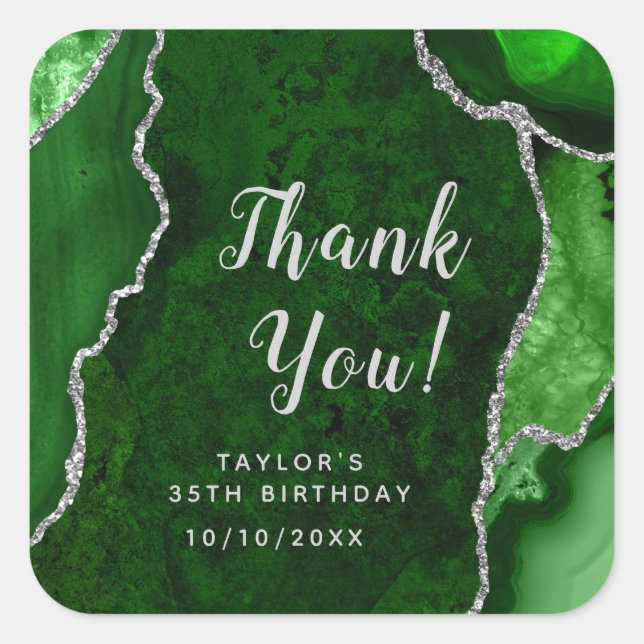 Green and Silver Agate Birthday Thank You Square Sticker (Front)
