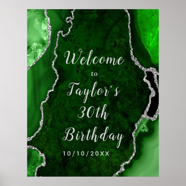Green and Silver Agate Birthday Welcome Poster (Front)