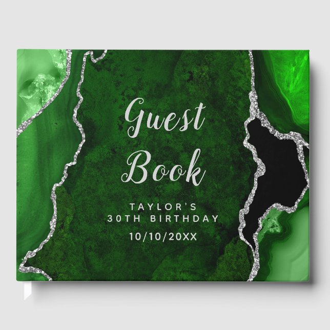 Green and Silver Agate Marble Birthday Guest Book (Front)