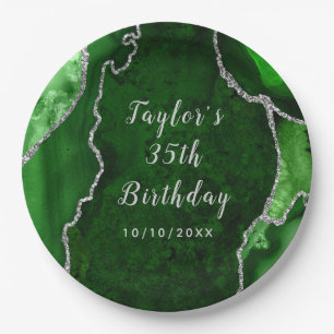 Green and Silver Agate Marble Birthday Paper Plate