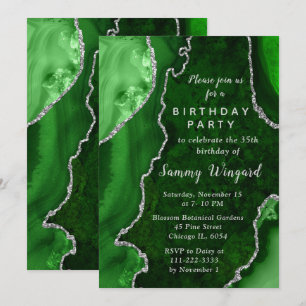 Green and Silver Agate Marble Birthday Party Invitation
