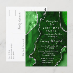Green and Silver Agate Marble Birthday Party Postcard