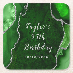 Green and Silver Agate Marble Birthday Square Paper Coaster
