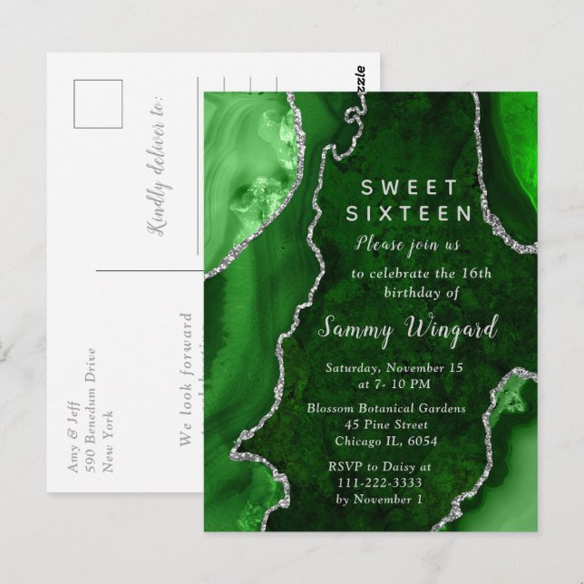 Green and Silver Agate Marble Sweet Sixteen Postcard (Front/Back)