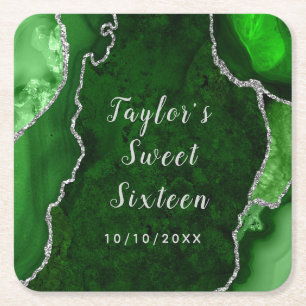 Green and Silver Agate Marble Sweet Sixteen Square Paper Coaster