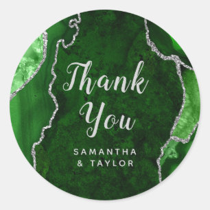 Green and Silver Agate Marble Thank You Wedding Classic Round Sticker