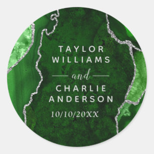 Green and Silver Agate Marble Wedding Classic Round Sticker