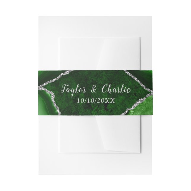 Green and Silver Agate Marble Wedding Invitation Belly Band (Front Example)
