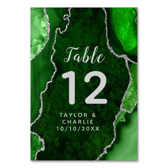 Green and Silver Agate Marble Wedding Table Number (Front)