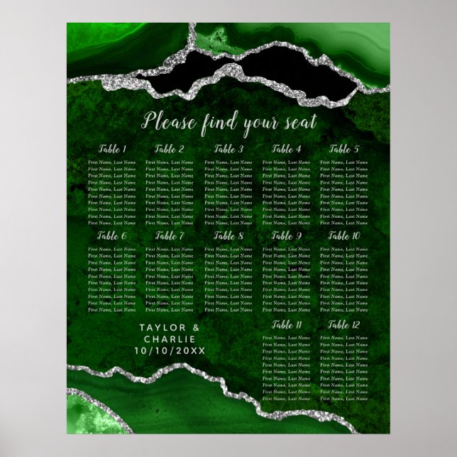 Green and Silver Agate Wedding Seating Chart (Front)
