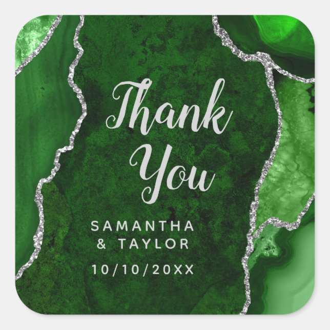Green and Silver Agate Wedding Thank You Square Sticker (Front)