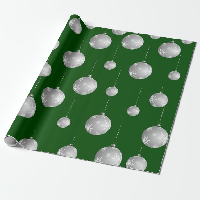 Green and Silver Christmas Ornament Pattern Wrapping Paper (Unrolled)