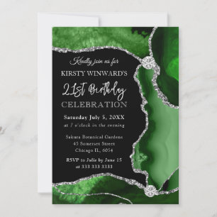 Green and Silver Faux Glitter Agate Birthday Invitation