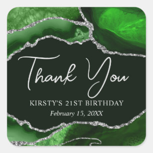 Green and Silver Faux Glitter Agate Birthday Party Square Sticker