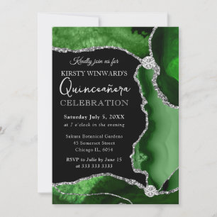 Green and Silver Faux Glitter Agate Quinceanera Invitation