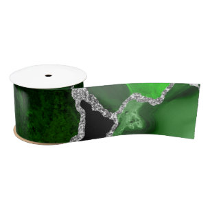 Green and Silver Faux Glitter Agate Satin Ribbon