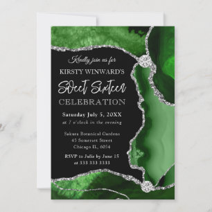 Green and Silver Faux Glitter Agate Sweet 16 Invitation