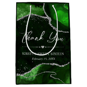 Green and Silver Faux Glitter Agate Sweet 16 Medium Gift Bag