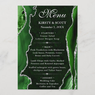 Green  and Silver Faux Glitter Agate Wedding Menu
