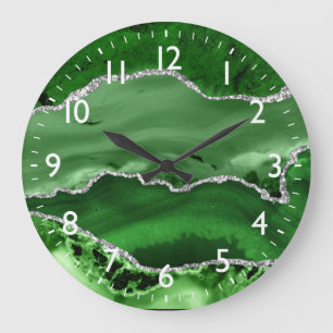 Green and Silver Faux Glitter Marble Agate Large Clock