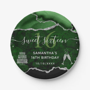 Green and Silver Glitter Agate Marble Sweet 16 Paper Plate