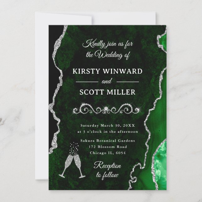 Green and Silver Glitter Agate & Marble Wedding Invitation (Front)