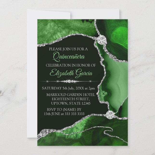 Green and Silver Glitter Agate Quinceanera Invitation (Front)