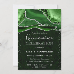 Green and Silver Glitter Agate Quinceanera Invitation