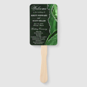 Green and Silver Glitter Agate Wedding Program Hand Fan