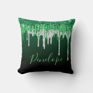 Green and Silver Glitter Dripping  Monogram   Throw Pillow