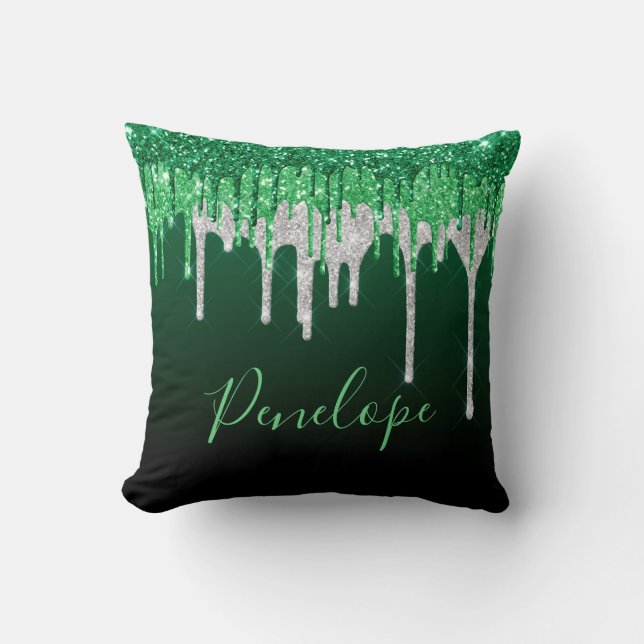 Green and Silver Glitter Dripping  Monogram   Throw Pillow (Front)