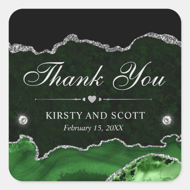 Green and Silver Glitter Marble Wedding Square Sticker (Front)