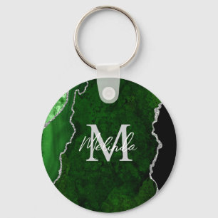 Green and Silver Marble Agate Keychain