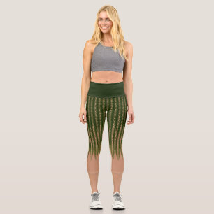 Green and Tan Wavy Stripes Abstract Cool Illusion Capri Leggings