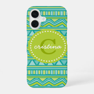 Green and Teal Aztec Chevron Custom Monogram iPhone 16 Case