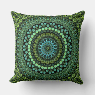 Green and Teal Kaleidoscope Mandala Pattern Throw Pillow