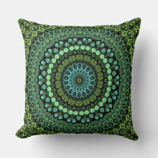 Green and Teal Kaleidoscope Mandala Pattern Throw Pillow (Front)