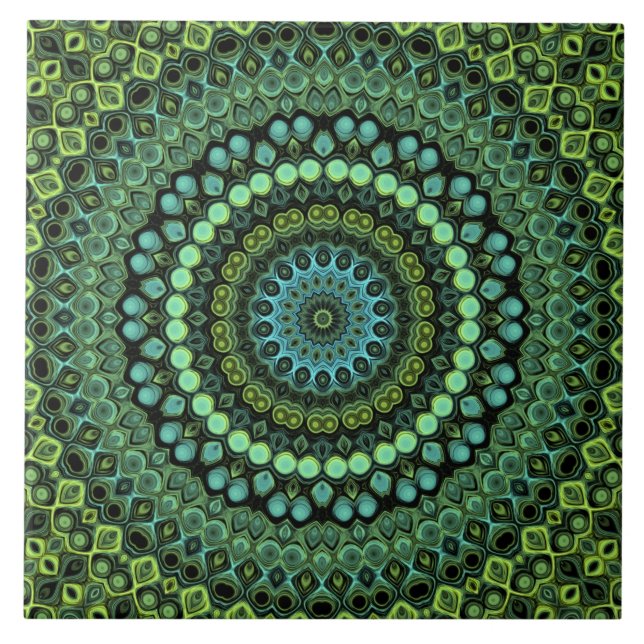 Green and Teal Kaleidoscope Mandala Pattern Tile (Front)