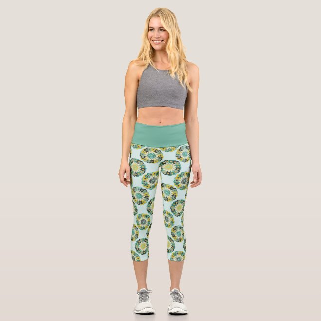 Green and Teal Modern Geometric Flower Pattern Capri Leggings (Front)