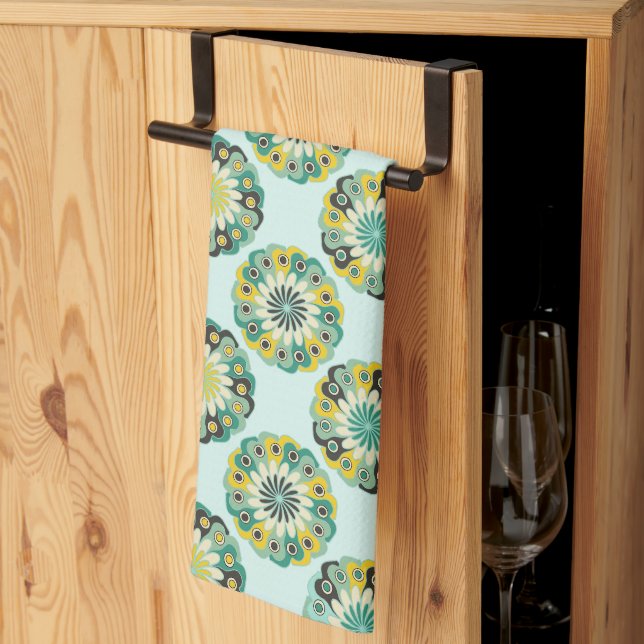 Green and Teal Modern Geometric Flower Pattern Kitchen Towel (Thirds Fold)
