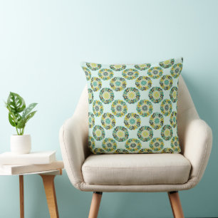 Green and Teal Modern Geometric Flower Pattern Throw Pillow