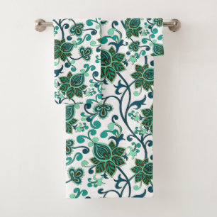 Green And Teal Paisley Flowers Bath Towel Set