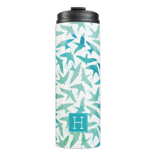 Green and Teal Watercolor Birds Pattern Thermal Tumbler
