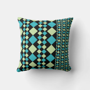 Green and turquoise and black squares geometric throw pillow