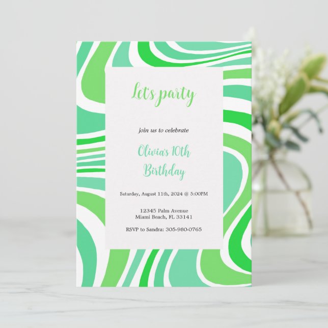 green and turquoise groovy invitation (Standing Front)