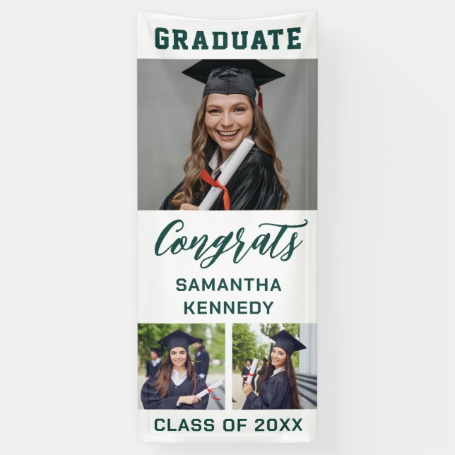 Green And White 3 Photo Vertical Graduation 2025 Banner (Vertical)
