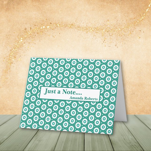 Green and White Abstract Wheel Pattern Note Cards (Easily edit Just a Note Greeting and add your name, or remove name.)